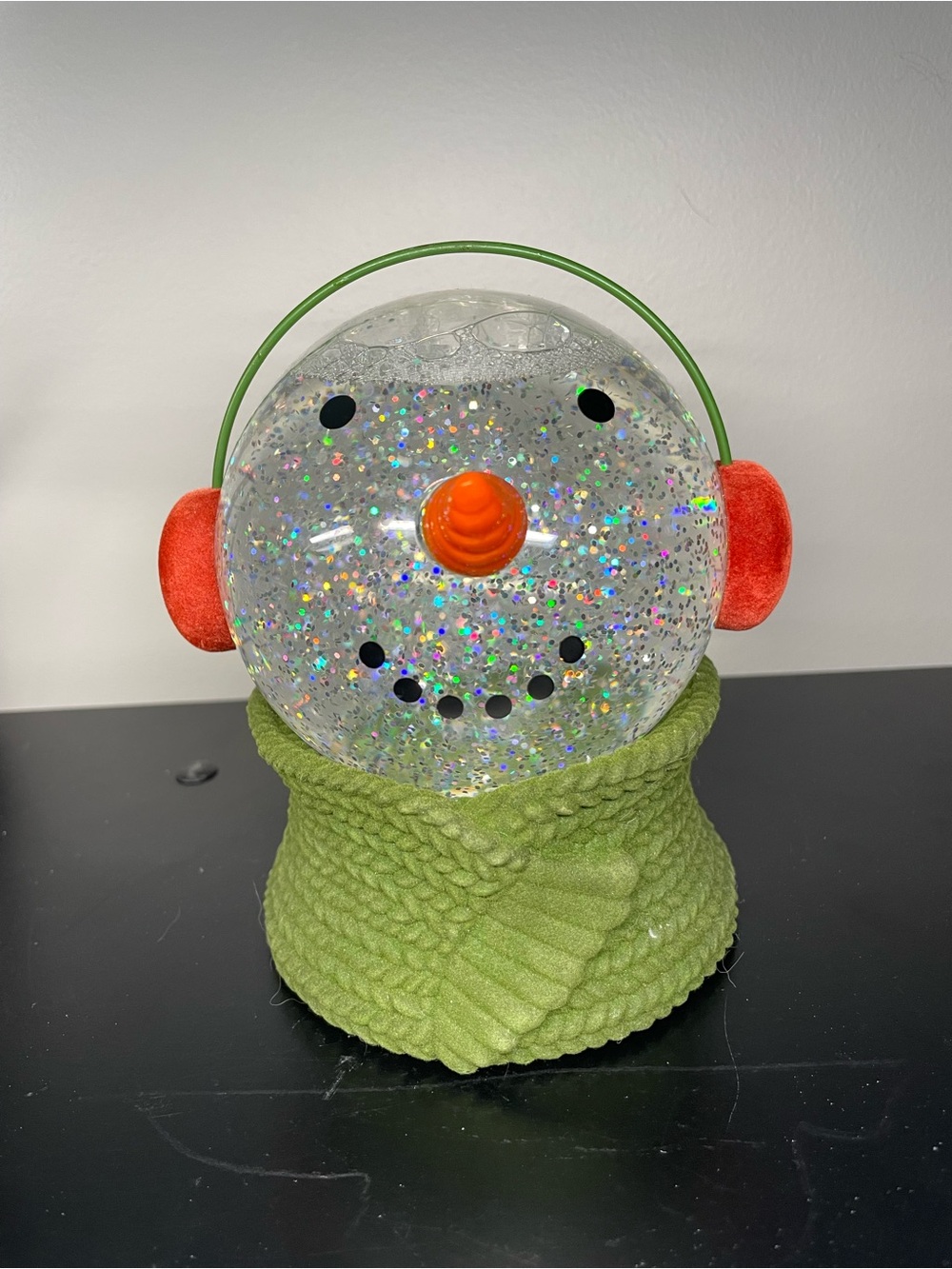 Cracker Barrel Glitter Snowman Globe with Green Scarf and Red Earmuffs